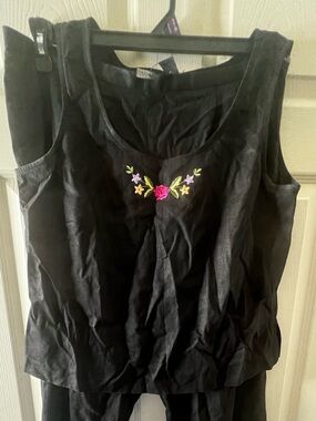 Scarlett Black Two-Piece Set Linen Rayon Floral Embroidered Size 14 Vintage